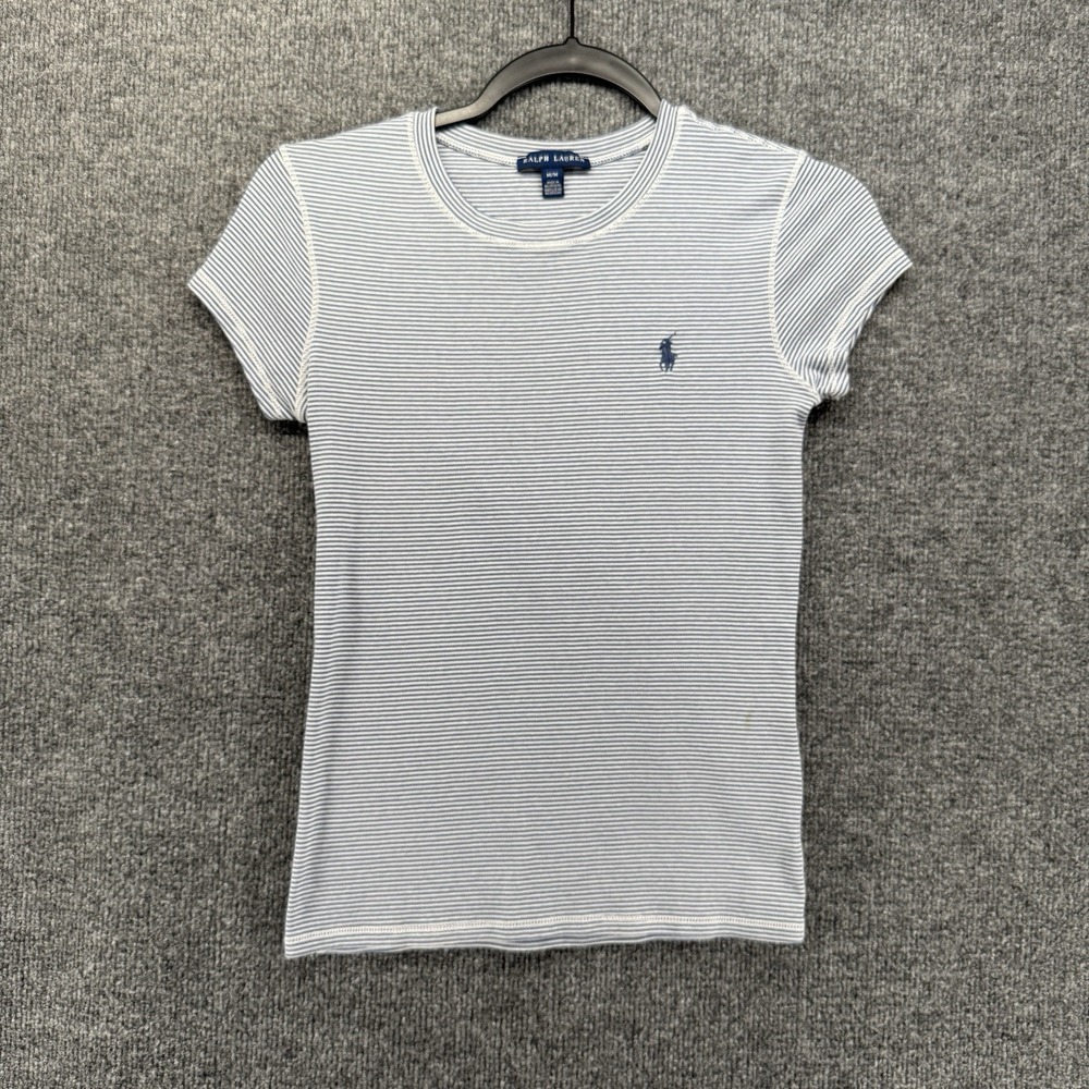 Ralph Lauren Top Womens M Blue Striped Short Sleeve Y2K Baby Tee Preppy Casual